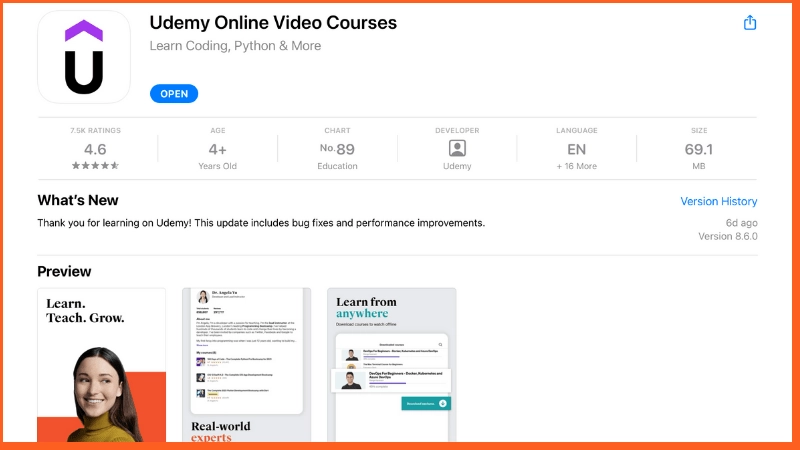 Udemy app welcome page