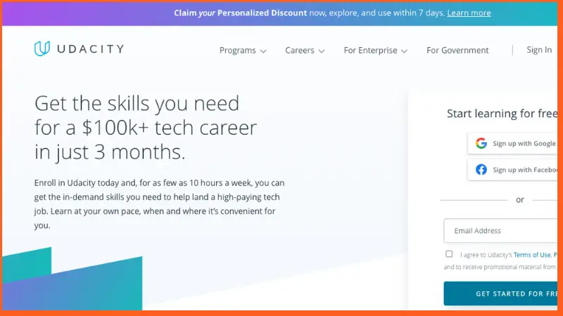 Udacity homepage